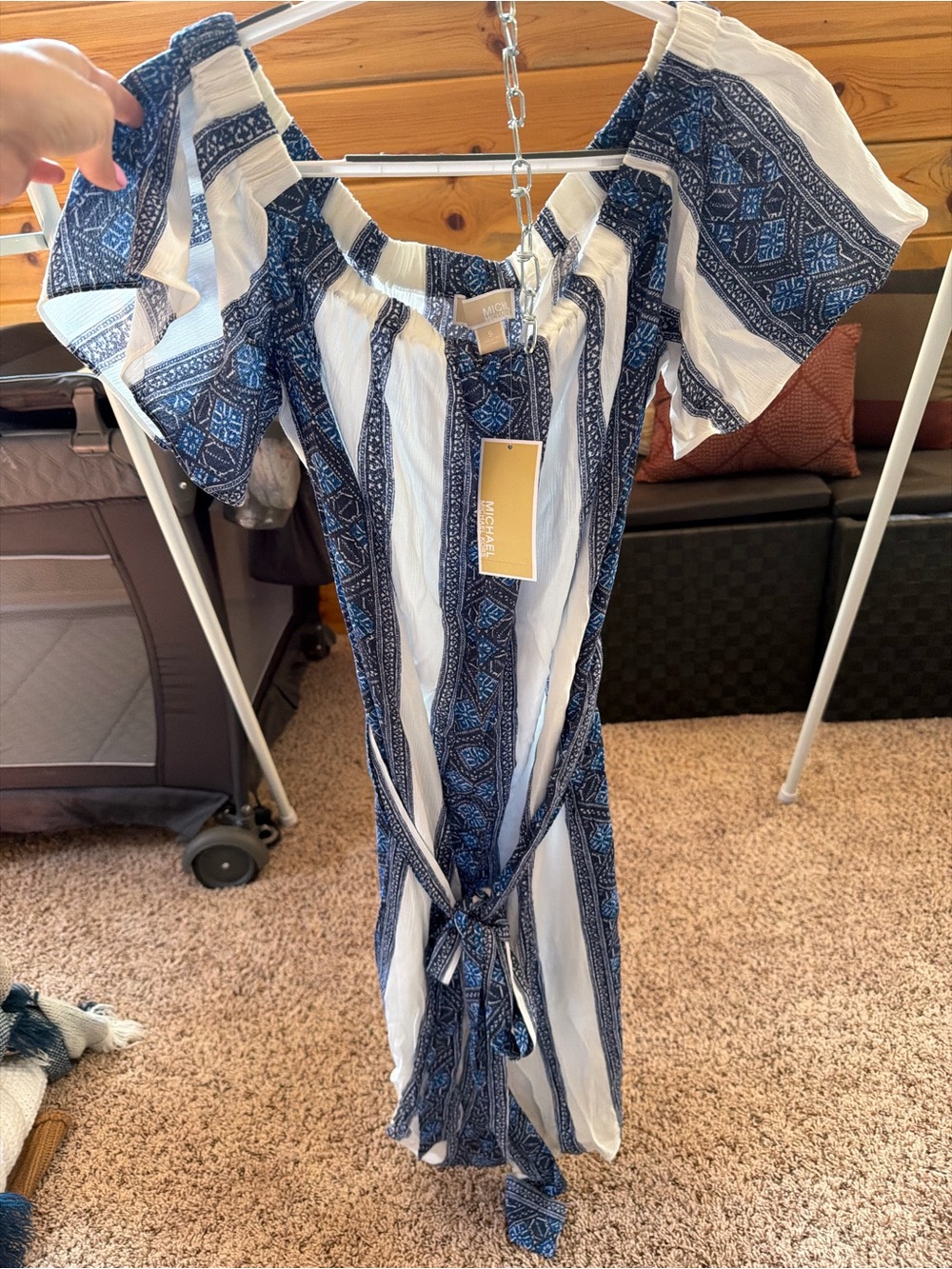 Michael Kors White and Navy Blue Patterned Midi Dress